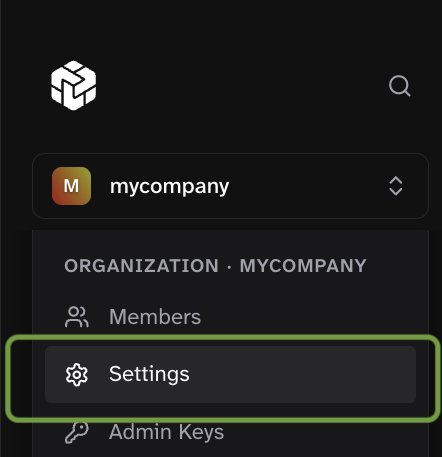 Organization dropdown expanded with Settings highlighted