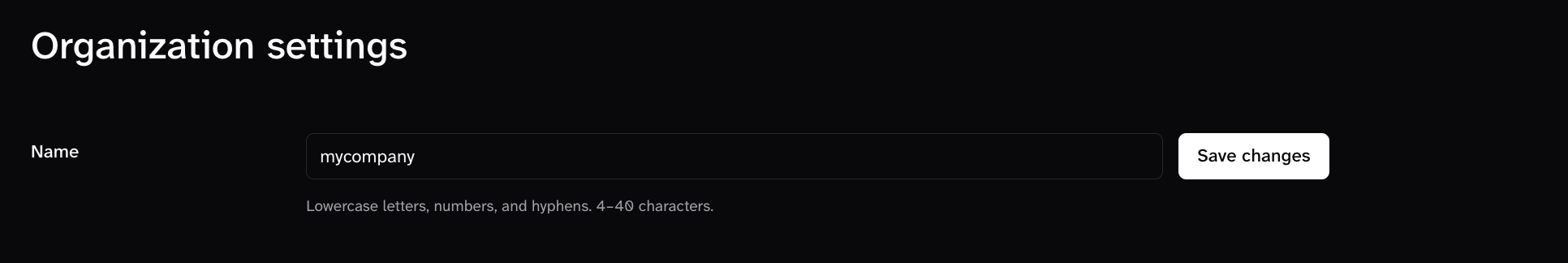 Organization settings screen with the name field