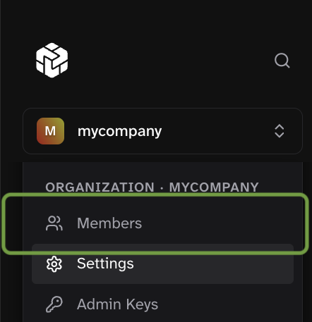 Organization dropdown expanded with Members highlighted